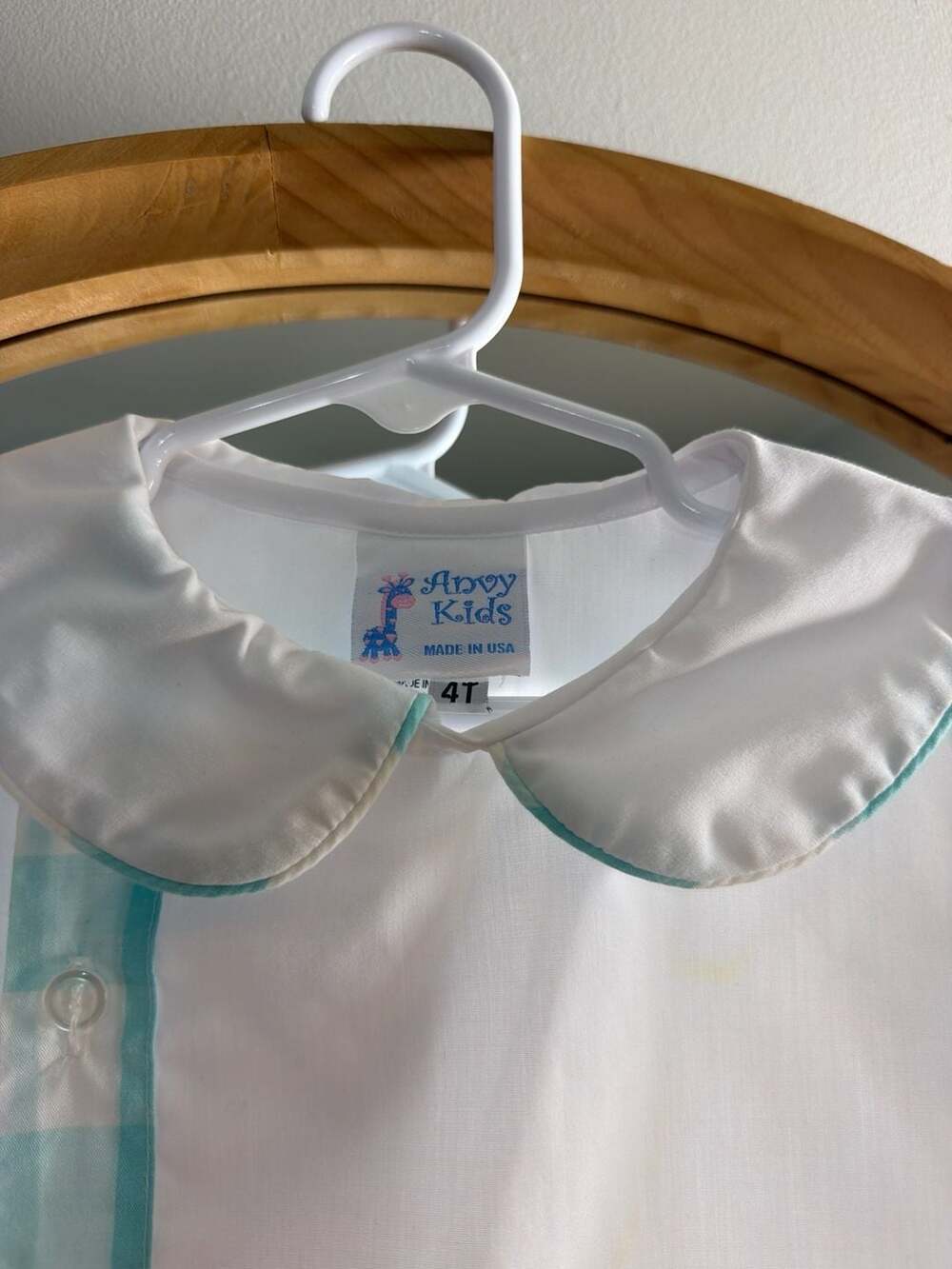 Anvy Kids Toddler Boy White Pique Short Sleeve Shirt with‎ Aqua Check Trim 4T - Picture 4 of 7